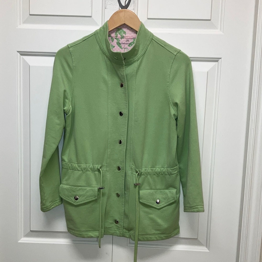 Liz Claiborne long sleeve knit sweater/jacket, snap front closure, green, M